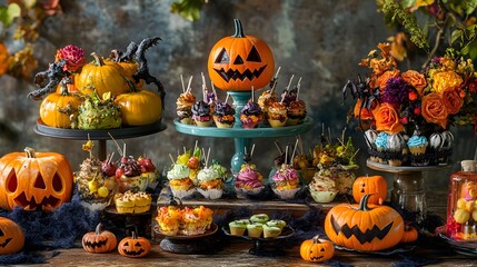 A vibrant selection of Halloween treats in playful arrangements with spooky dÃ©cor enhancing the scene