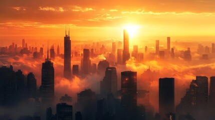 Fototapeta premium A panoramic view of a city at dawn, with the sun just peeking through the gaps between towering buildings and casting a beautiful orange light across the skyline.