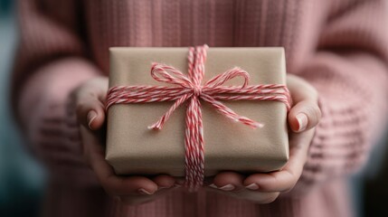 A woman wearing a pink sweater holds out a small gift box, wrapped in brown paper and tied with a red and white twine bow, clearly prepared for gifting.