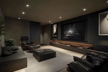 Modern Home Theater Room with Black Leather Furniture and Recliner