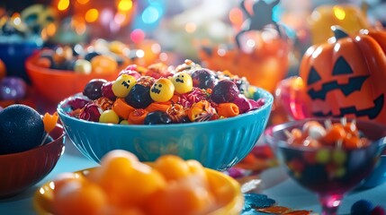 A close-up of Halloween treats displayed in vibrant bowls surrounded by spooky decorations to enhance the festive atmosphere