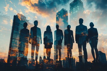 People standing in city skyline double exposure created with Generative AI