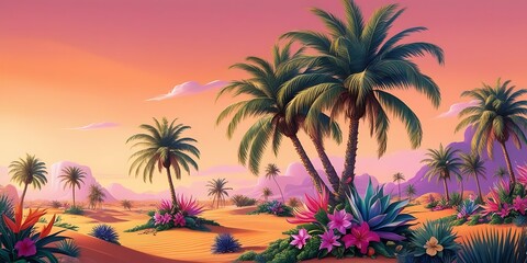 Obraz premium Illustration of sunset Desert, colourful Desert with sunset background