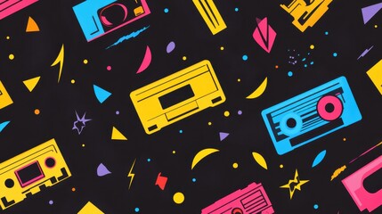 Brightly colored cassette tapes are scattered across a dark background, creating a nostalgic vibe reminiscent of the retro music era