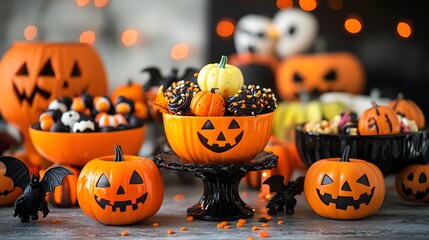 A close-up of Halloween treats in vibrant bowls surrounded by spooky decorations to enhance the festive atmosphere