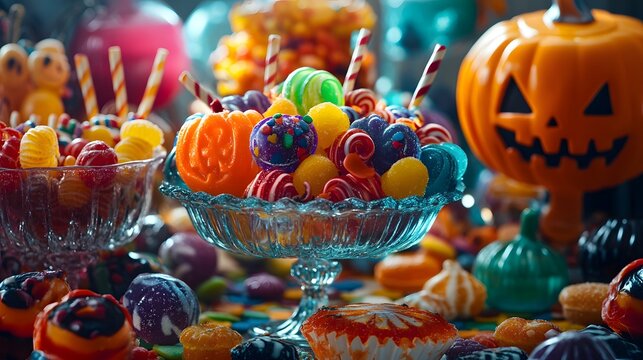 A colorful selection of Halloween candies displayed in playful arrangements with spooky decorations for a festive touch