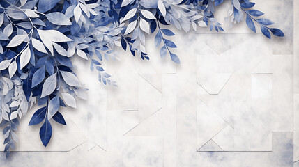 A blue and white background with a blue leafy border