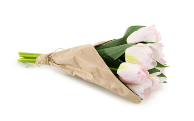 Bouquet of artificial tulips on white background