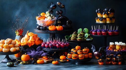 A colorful selection of Halloween treats in playful arrangements with spooky decorations adding to the festive charm