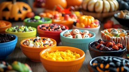 A variety of Halloween treats displayed in colorful bowls with spooky decorations enhancing the festive atmosphere
