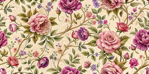 Elegant Floral Design with Pink and Purple Roses, Cream Background, Detailed Illustration, Floral Pattern, Seamless Pattern, Wallpaper, Fabric