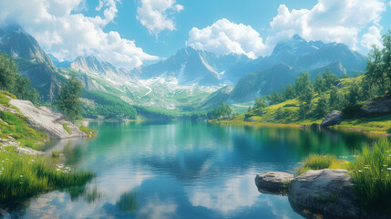 Fototapeta premium A serene mountain landscape with a clear lake reflecting the sky, calm and soothing atmosphere.