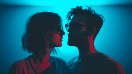 man and woman blue light