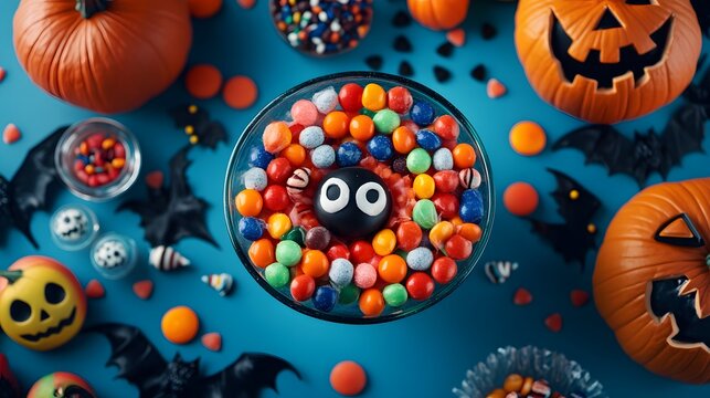 A colorful selection of Halloween candies displayed in playful arrangements with spooky decorations for an irresistible look