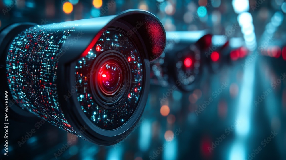 Poster holographic security cameras are strategically placed, monitoring a futuristic setting filled with v