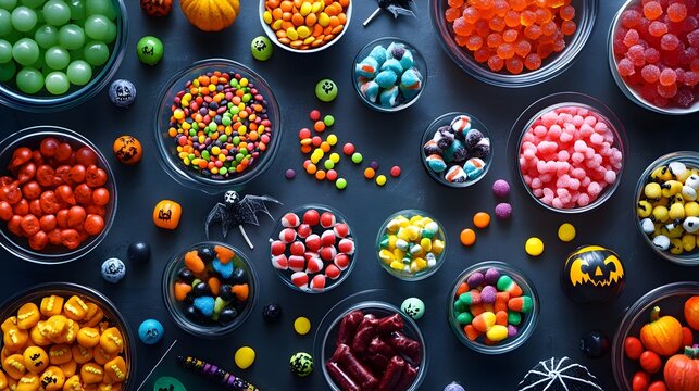 A colorful selection of Halloween candies in playful arrangements with spooky decorations creating a festive display
