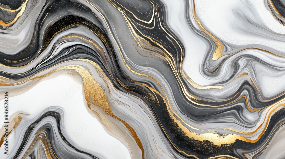 Wall mural A collection of abstract wall tiles with swirling, marbled patterns in shades of gray, white, and gold