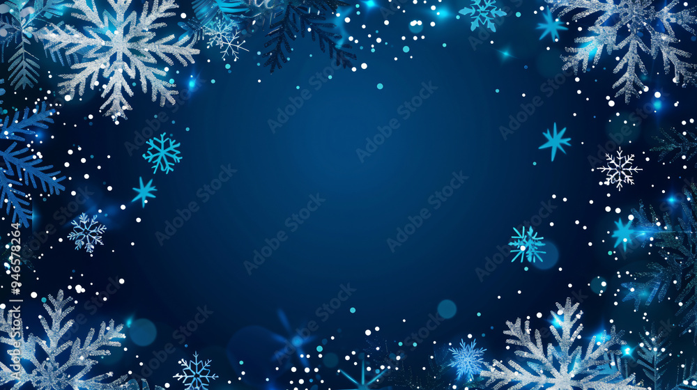 Aufkleber blue christmas background with falling silver snowflakes and bright bokeh is a festive design with c