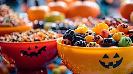 A close-up of Halloween treats displayed in bright bowls with spooky decorations creating a festive and vibrant scene