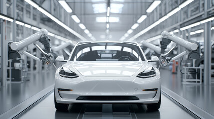 Fototapeta premium A factory producing electric vehicles, with robotic arms installing batteries and motors into sleek car bodies