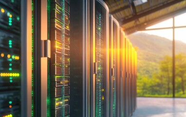 Fototapeta premium Server Racks in a Data Center with a View of Nature