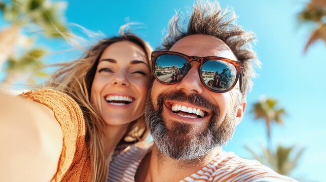 A joyful couple is taking a selfie at the beach on a sunny day, both smiling widely with the bright blue sky and palm trees visible in the background.