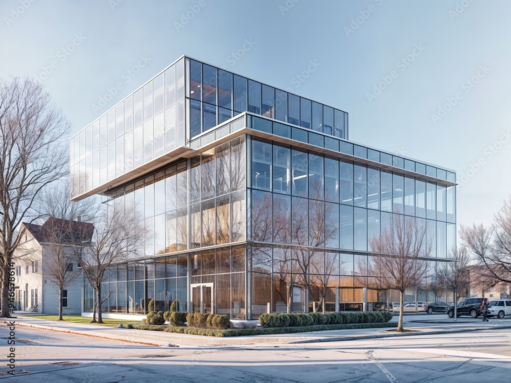 Poster exterior rendering of a moder office building project