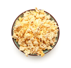 Bowl with crispy popcorn on white background