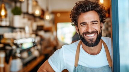 A cheerful barista with a beard is smiling at the entrance of a trendy coffee shop, wearing a white t-shirt and apron, creating a welcoming and cozy atmosphere for customers.