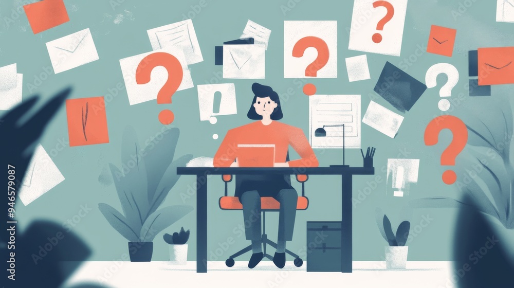 Aufkleber A person sitting in a modern office, surrounded by floating question marks and exclamation points, symbolizing problem-solving and the flow of ideas