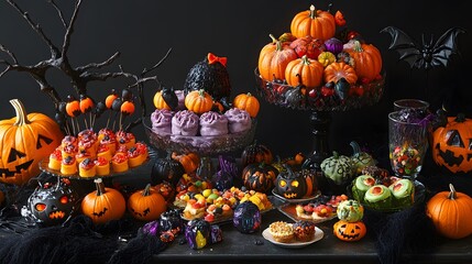 A colorful selection of Halloween treats in playful arrangements with spooky decorations enhancing the festive scene