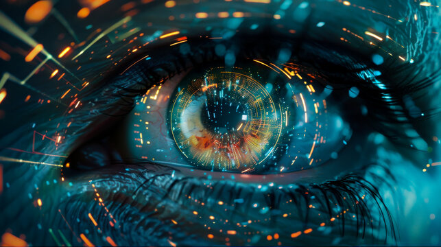Futuristic Eye with Digital Interface and Technology Elements. human eye integrated with digital and futuristic elements, representing advanced technology, artificial intelligence, augmented reality.