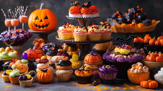 A colorful selection of Halloween treats in playful arrangements with spooky decorations enhancing the festive scene