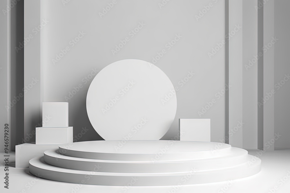 Poster pedestal in the room in white color with geometric shapes. podium for product showcase with geometri
