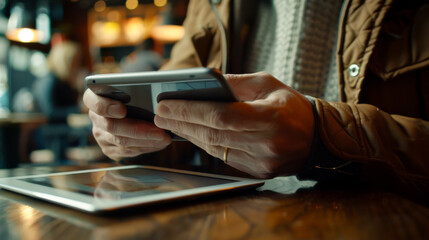 A person uses a tablet in a cozy cafe environment, highlighting the integration of technology in daily life and mobile working in a comfortable setting.
