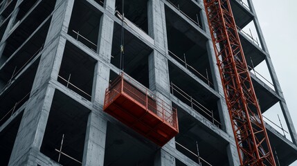 Fototapeta premium A high-rise construction project, with cranes lifting steel beams and workers assembling the building s framework