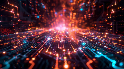 Fototapeta premium Quantum Computing Concept, Flowing Data Particles. Dynamic visualization of quantum computing, featuring flowing data particles, glowing circuits, Cutting-edge technology of next frontier in computing