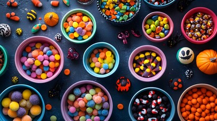 A variety of Halloween candies arranged in colorful bowls with spooky decorations enhancing the playful display