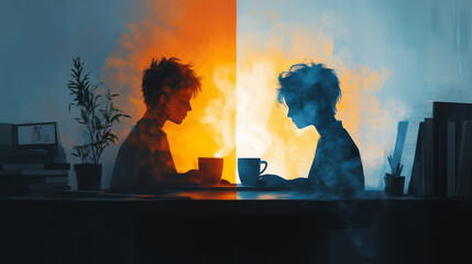 Two people sitting at a table with cups in front of them
