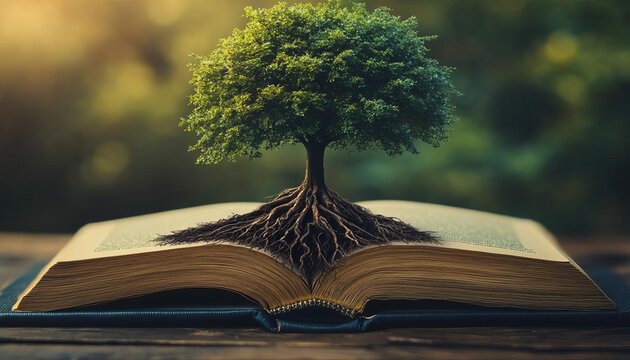Detailed shot of a tree with its roots in a book of ideas, symbolizing the grounding of growth strategies in initial concepts