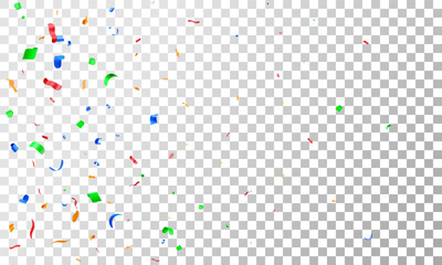 3D color party confetti on transparent background. Render colorful confetti in empty space. Metal firecracker elements in various shapes. Party, holiday, surprise birthday events. Vector illustration