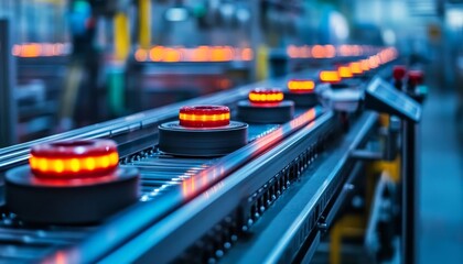 Naklejka premium Detailed view of a product moving through a factory production line, showcasing operational speed and accuracy