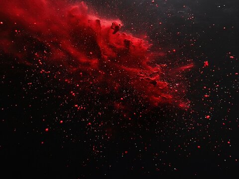 Abstract red dust cloud explosion against black background.