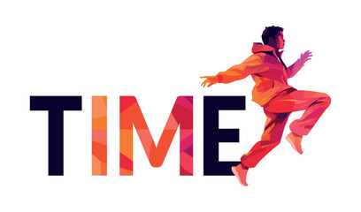 An illustration with a jumping man in a bright watercolor style and the inscription Time 