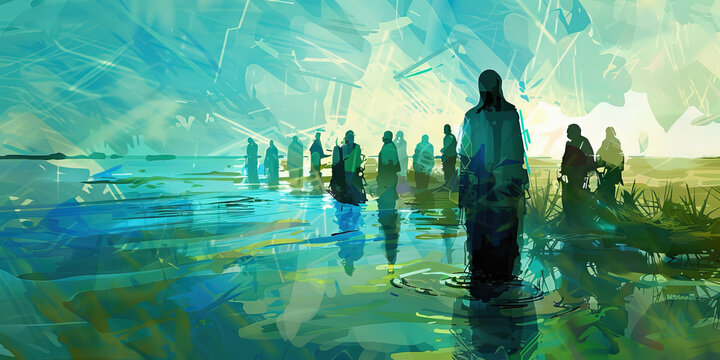 A modern abstract artwork depicting Jesus' baptism in the Jordan River, incorporating shades of blue and green.