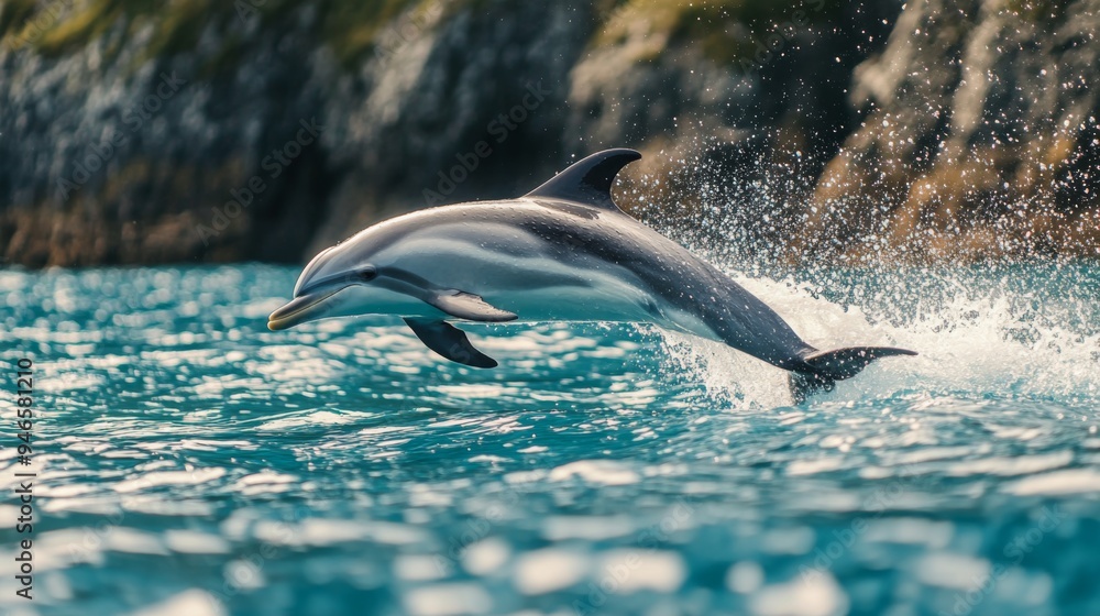 Aufkleber a playful dolphin leaping out of the turquoise ocean water, catching the sunlight and creating a spl