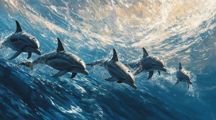 A pod of dolphins swimming in unison, creating elegant patterns and arcs in the water as they move through the ocean.