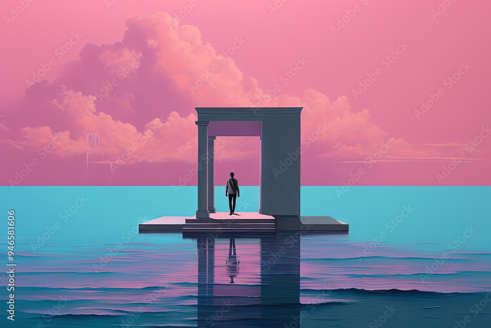 Aufkleber surreal vaporwave landscape with abstract architecture elements on the water. dreamy landscape