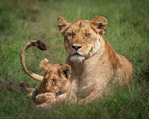 A mother lion cuddling with her playful cub under the warm sun