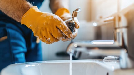 A person is shown fixing a faucet with their hands covered in yellow gloves, with water running from the faucet, demonstrating the careful work of plumbing maintenance.